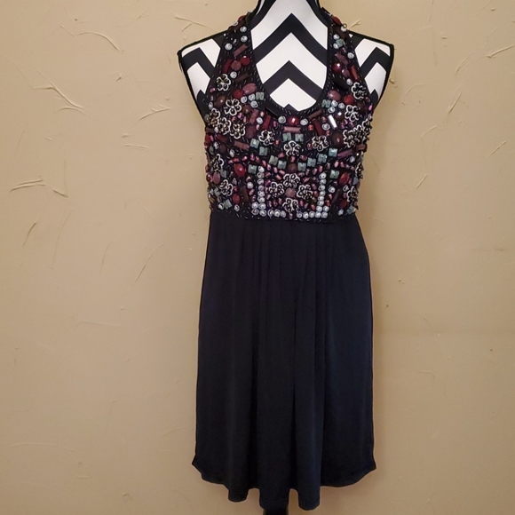 Black Beaded Halter Lined Dress Size Lg - Picture 1 of 9